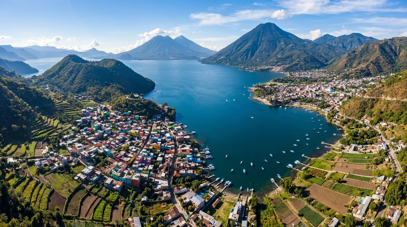Aerial view of Lake Atitlán surrounded by volcanoes and lakeside towns in Guatemala