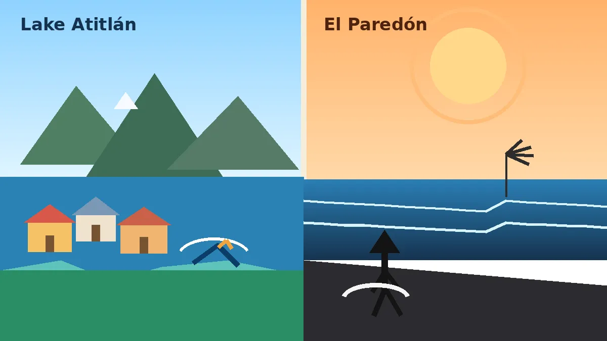 Travel illustration comparing Lake Atitlán's volcano-ringed lake villages with El Paredón's black-sand surf beach