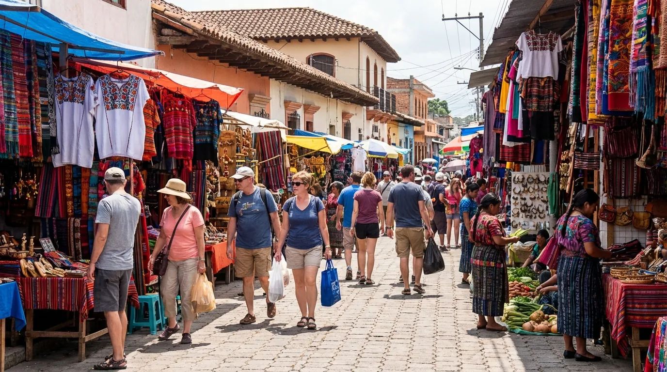 Bustling Calle Santander in Panajachel with shops, restaurants and volcano views