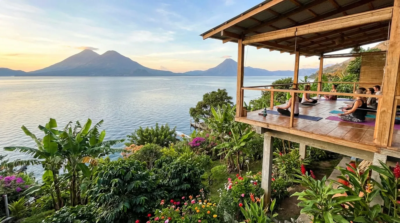Peaceful yoga platform overlooking Lake Atitlán in San Marcos La Laguna