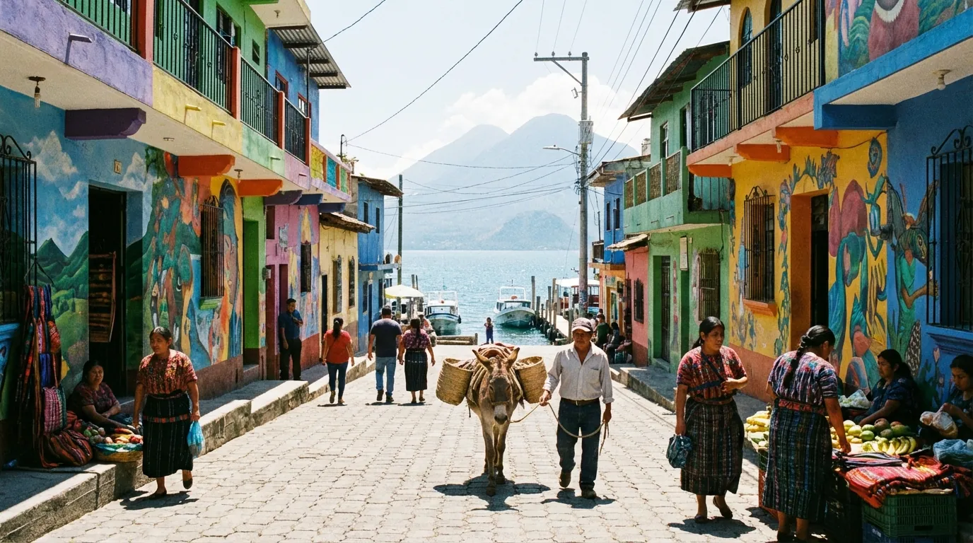Colorful streets of San Pedro La Laguna with volcano views and backpackers walking