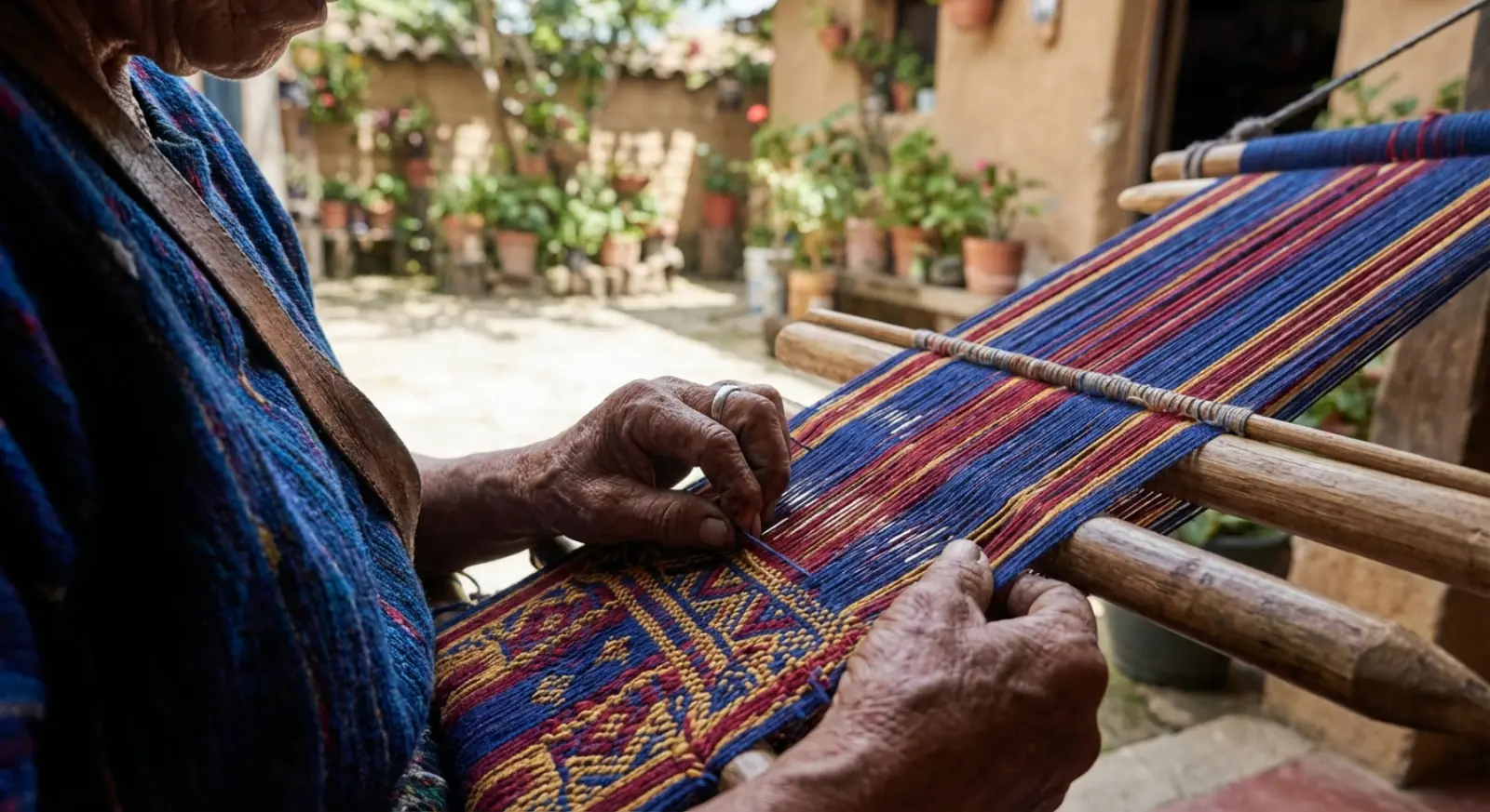Artesana maya tejiendo en telar de cintura en San Juan La Laguna