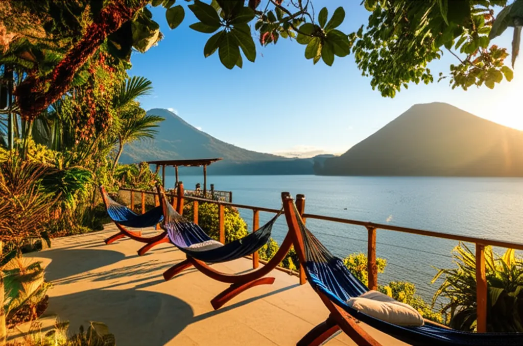Sababa Resort beachfront terrace overlooking Lake Atitlán at sunset, San Pedro La Laguna, Guatemala