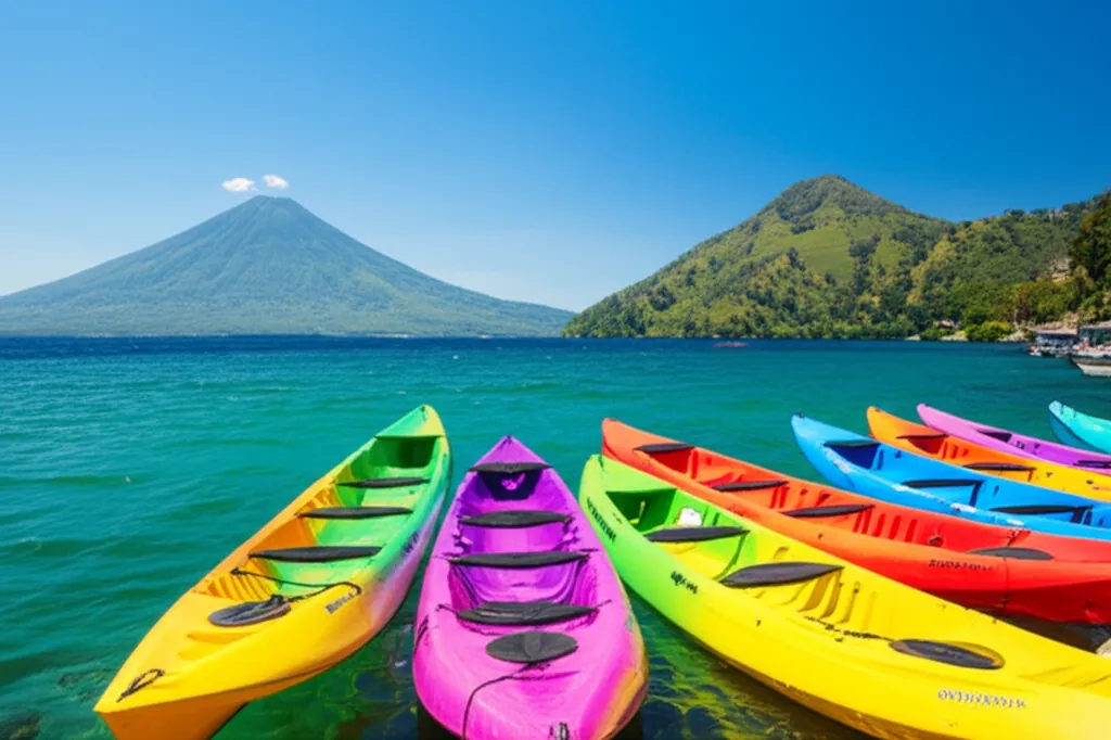 Kayaking on Lake Atitlán near San Pedro La Laguna with Volcán San Pedro in the background
