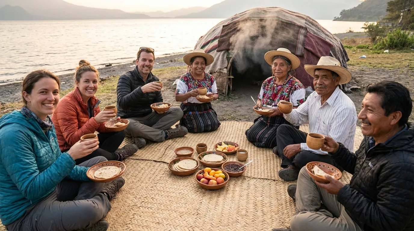 Group of international visitors and local Mayan guides sitting together after completing temascal ceremony