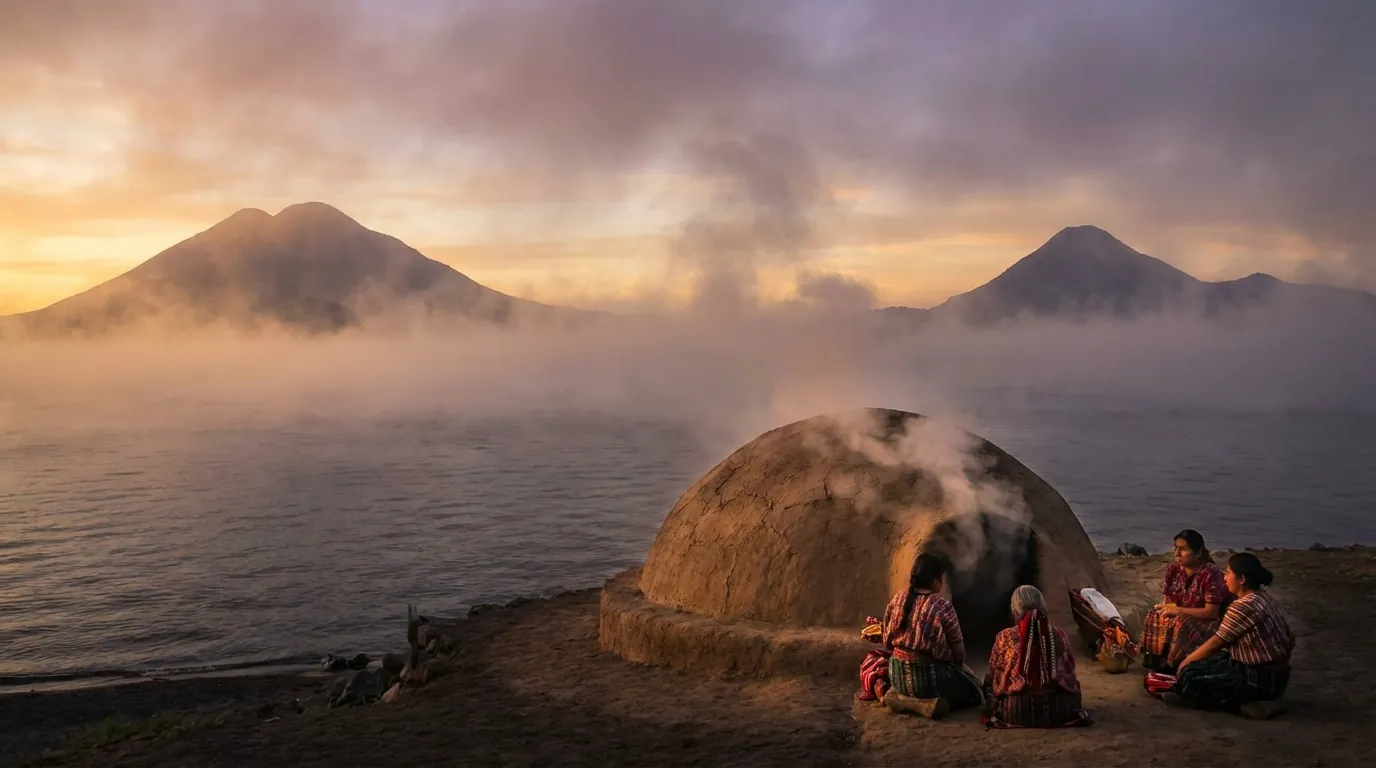 Early morning temascal ceremony with mist rising from Lake Atitlán and volcanoes in background