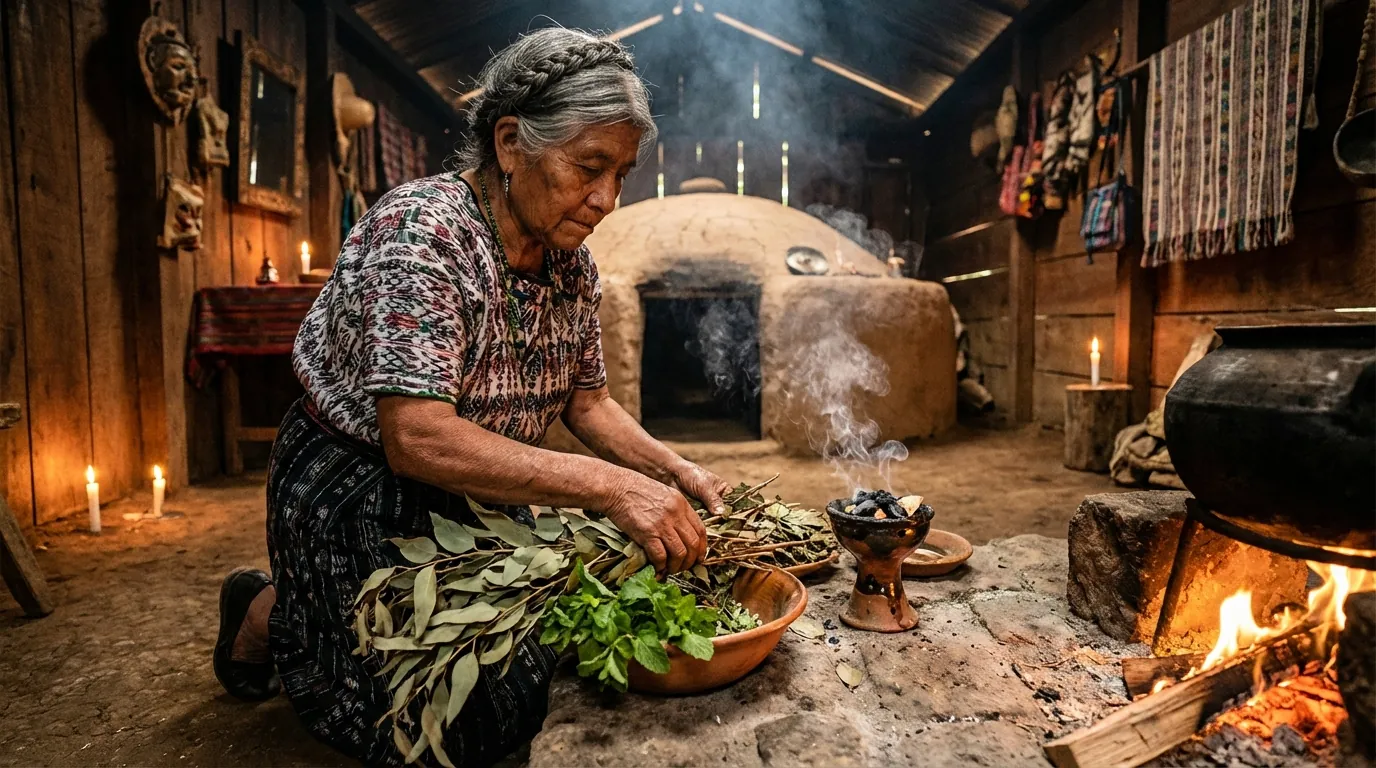 Mayan healer preparing medicinal herbs and copal incense for temascal ceremony
